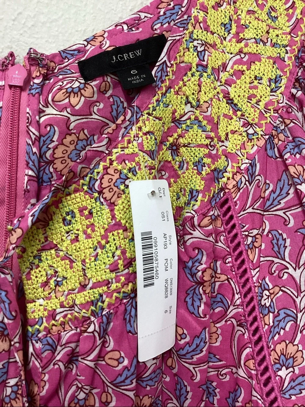 J. Crew Hot Pink Paisley romper with Yellow Crochet Detail